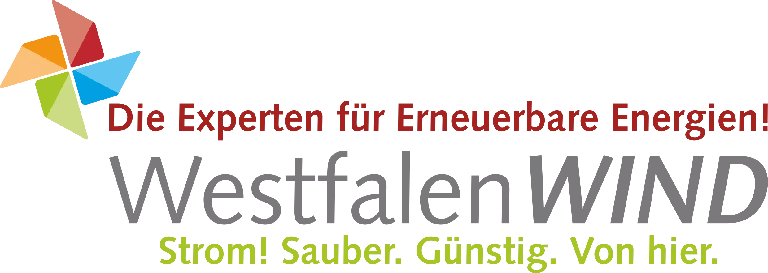 Westfalen WIND Logo mit Text - Die Experten für Erneuerbare Energien! Strom! Sauber. Günstig. Von hier.